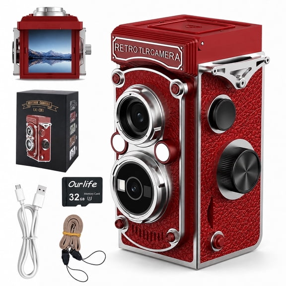Ourlife Retro Digital Camera, Vintage TLR Style Point and Shoot Camera with Autofocus, 1080P Video, 48MP Photos, 32GB Card Included, Compact Pocket Camera for Teens & Adults, Red