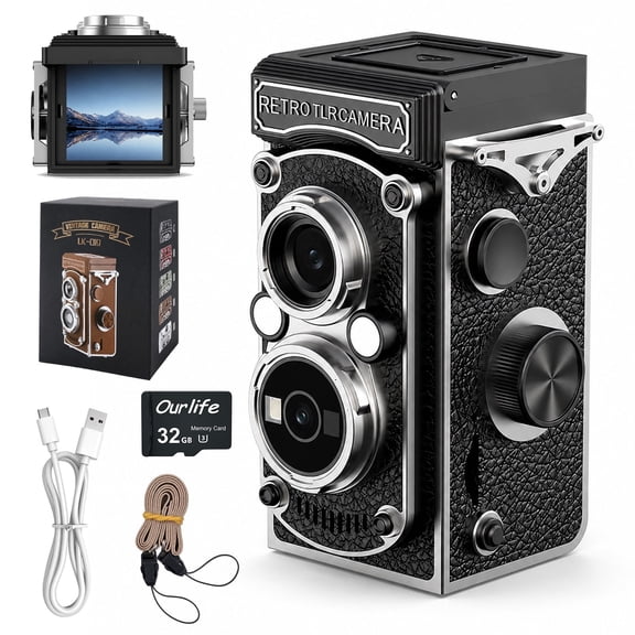 Ourlife Retro Digital Camera, Vintage TLR Style Point and Shoot Camera with Autofocus, 1080P Video, 48MP Photos, 32GB Card Included, Compact Pocket Camera for Teens & Adults, Black