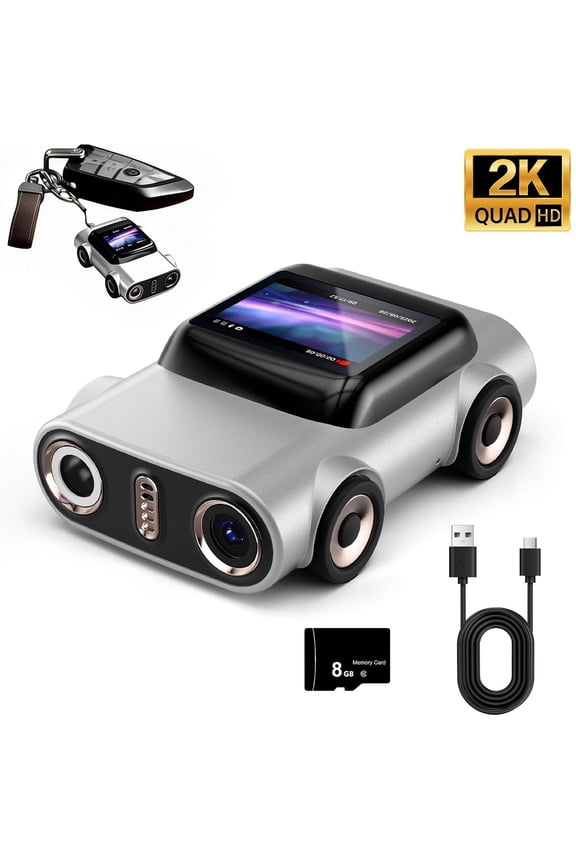 Mini Keychain Digital Camera 2K, Retro Car Shaped Pocket-Size Camcorder with 8GB Card, Video Recorder for Travel, Birthday Gifts(Silver)