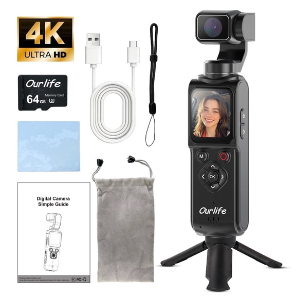 4K Vlogging Camera, Pocket Gimbal Camera with 330° Rotation, 1.72" Touch Screen, Face Tracking, 2400mAh Ultra-Long Battery Life,64G Card Travel Digital Video Camera for YouTube TikTok Creators Black