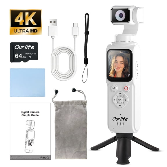 Ourlife 4K Vlogging Camera with 3-Axis Gimbal Stabilizer, AI Face Tracking, WiFi, 1.7" Touch Screen, Portable Handheld Video Camera for Travel, YouTube & Sports White