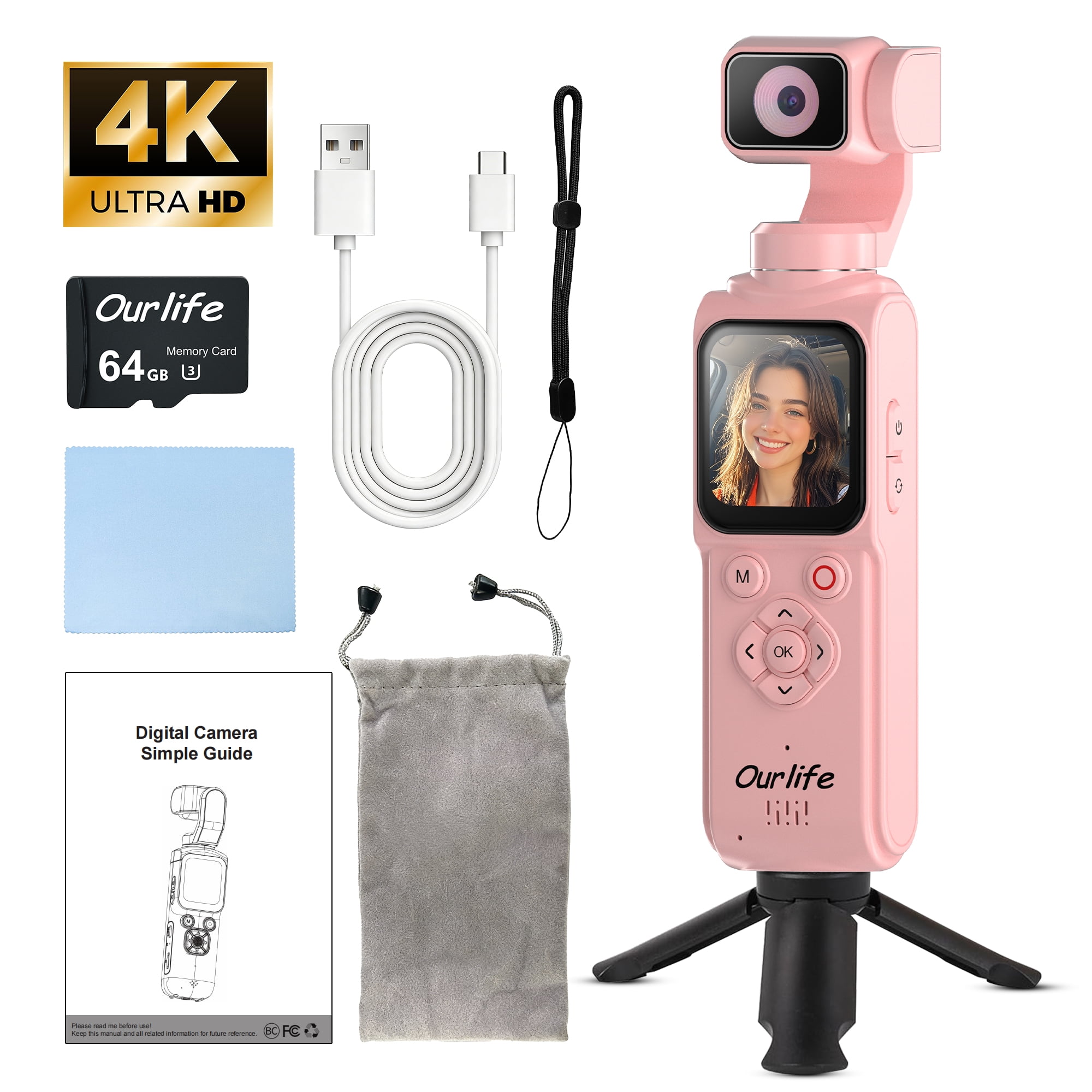 Ourlife 4K Vlogging Camera Pocket Gimbal Camera 1.72" Touch Screen AI Face Tracking 2400mAh Ultra-Long Battery Life Travel  Video Camera for YouTube TikTok Creators Pink