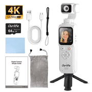 Ourlife Pocket Vlogging Camera with 2-Axis Gimbal, 330  Rotating Head, 1.72" Touchscreen, AI Face Tracking, 2400mAh Battery, 64GB U3 Kit, White