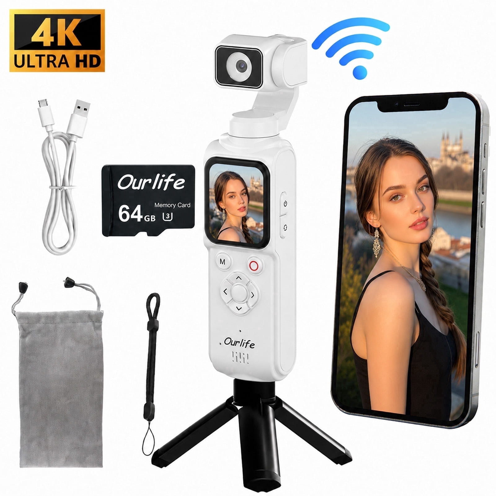 Ourlife White 4K Digital Camera, Pocket Gimbal with 330° Rotation, 1.72" Touch Screen, Face Tracking, 2400mAh Battery, 64GB Card, Compact Camera for Vlogging