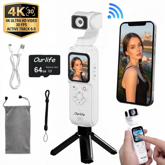 Ourlife 4K Pocket Gimbal Camera, AI Face Tracking, 330° Rotation, 1.72" Responsive Touchscreen, 2400mAh, 64GB, White