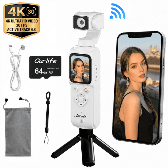 Ourlife 4K Pocket Gimbal Camera, AI Face Tracking, 330° Rotation, 1.72" Responsive Touchscreen, 2400mAh, 64GB, White