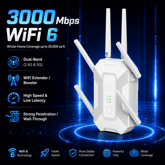 Ourlife WiFi 6 Range Extender 3000Mbps, Dual Band 2.4GHz & 5.8GHz Wireless Signal Booster, Internet Repeater and AP Mode with 6 High-Gain Antennas and Ethernet Port (White)