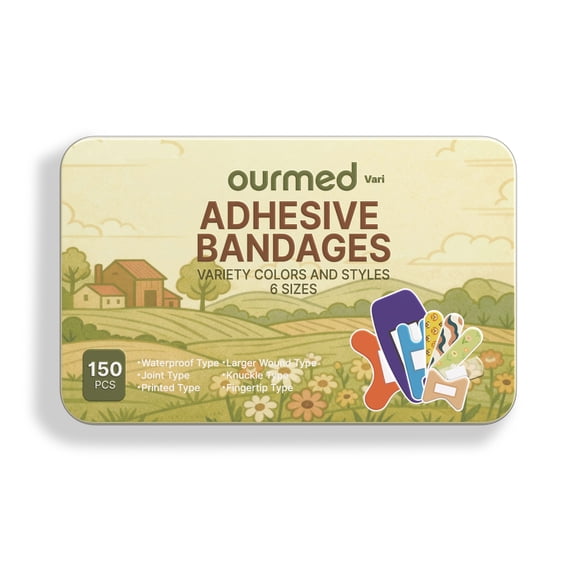 Ourmed Tin Box Flex Fabric Bandages, 150 Counts Family Pack,  Assorted Size Multi  Pattern Wound Care