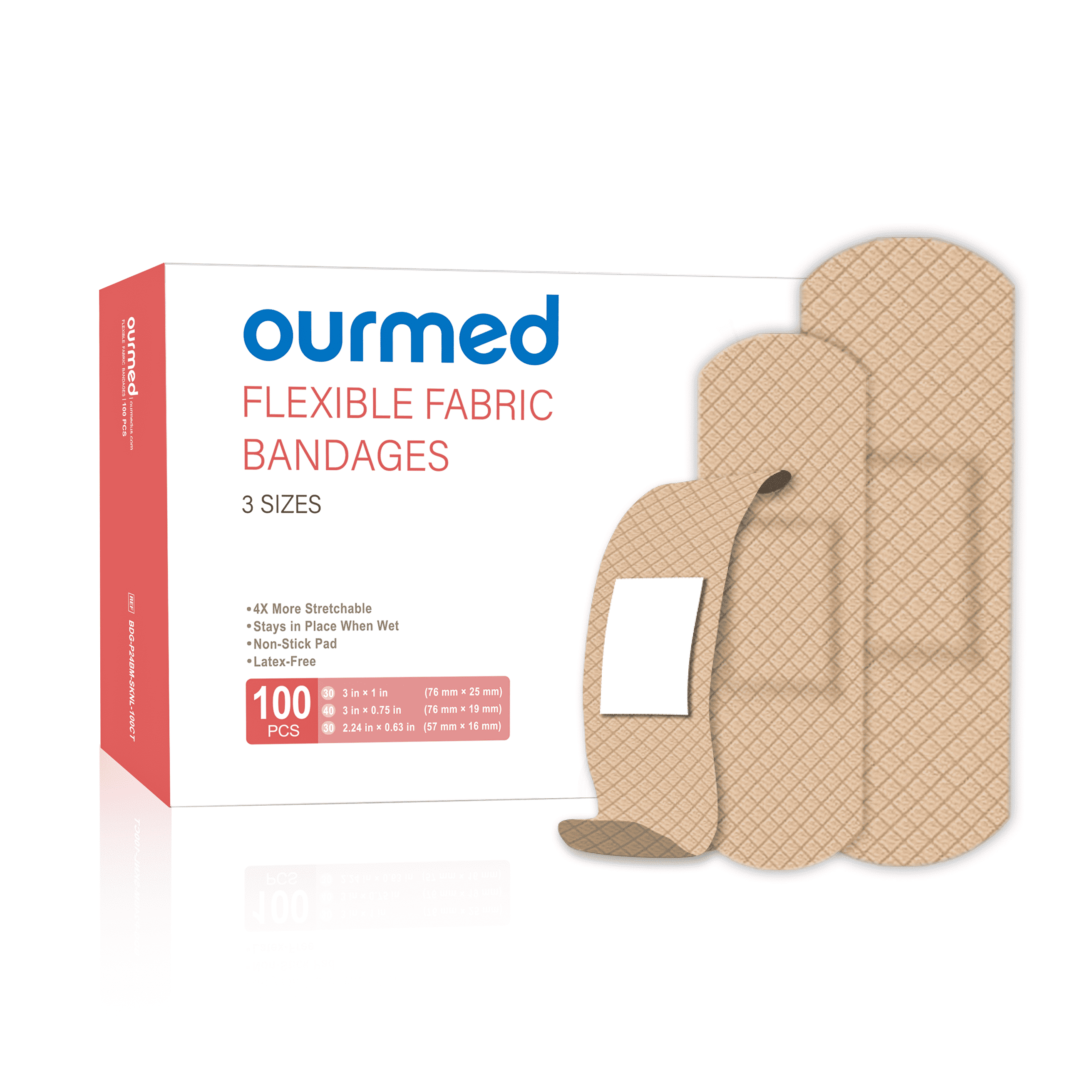 Ourmed Flexible Fabric Adhesive Bandages, Latex Free, Non-Stick for Wound Care, Assorted Sizes, 100 Count