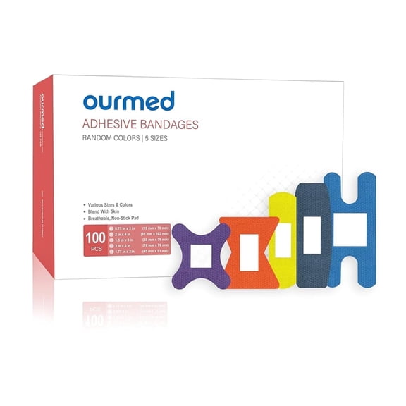 Ourmed Adhesive Bandages,  Assorted Size, 100 Count, Flexible Fabric Non-Stick Pad,  Multicolor First Aid Wound Care