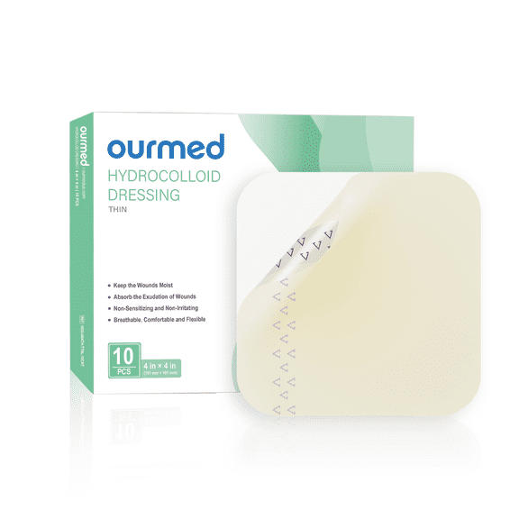 Ourmed Hydrocolloid Dressing, Large Size Sterile Moist Wound Bandages, 4"X4", Pack of 10