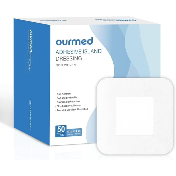 Ourmed Island Dressing 4"x4", 50 Pcs, Sterile Self-Adhesive Gauze, Highly Absorbent, Latex-Free