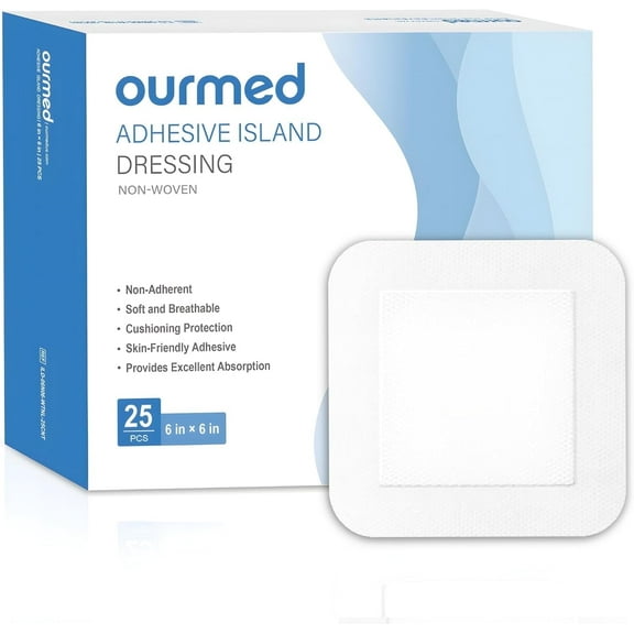 Ourmed Island Dressing 6''x6", 25 Pcs, Sterile Self-Adhesive Gauze, Highly Absorbent, Latex-Free