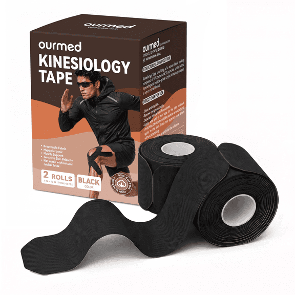 Ourmed Kinesiology Tape, Breathable, 40 Precut Strips, 2 Rolls, Black