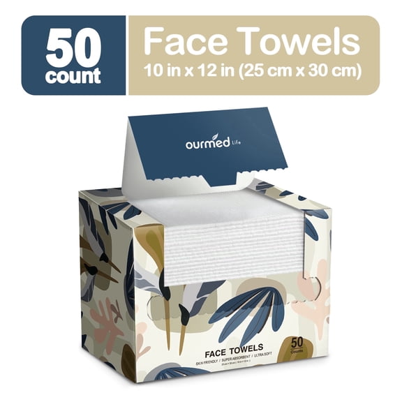 Ourmed Life 50Ct Dry Face Towels Disposable 10"×12" Facial Washcloths Cleansing Wipes Lint‑Free Sensitive‑Skin Safe