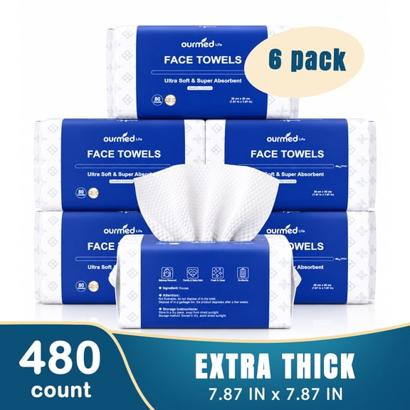 Ourmed Life 480Ct 80gsm Thick Disposable Face Towels Cleansing Wipes 7.8" x 7.8" Dry Facial Washcloths