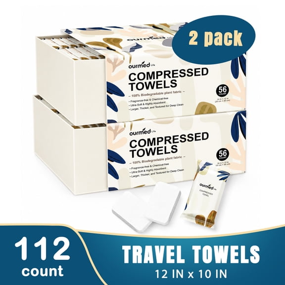 Ourmed Life Travel 112Ct Compressed Face Towels Tablets 10"x12" Expandable Dry Facial Wipes 100% Plant-Based Disposable Washcloths Portable Business Camping Coin Tissue Sensitive