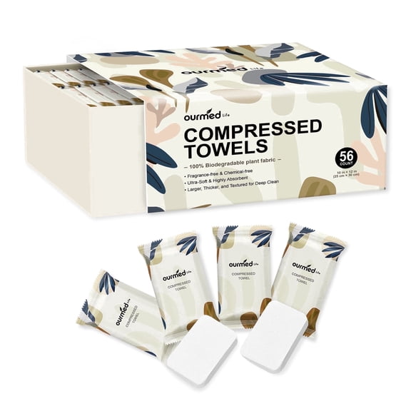 Ourmed Life Travel 56Ct Compressed Face Towels Tablets 10"x12" Expandable Dry Facial Wipes 100% Plant-Based Disposable Washcloths Portable Business Camping Coin Tissue Sensitive