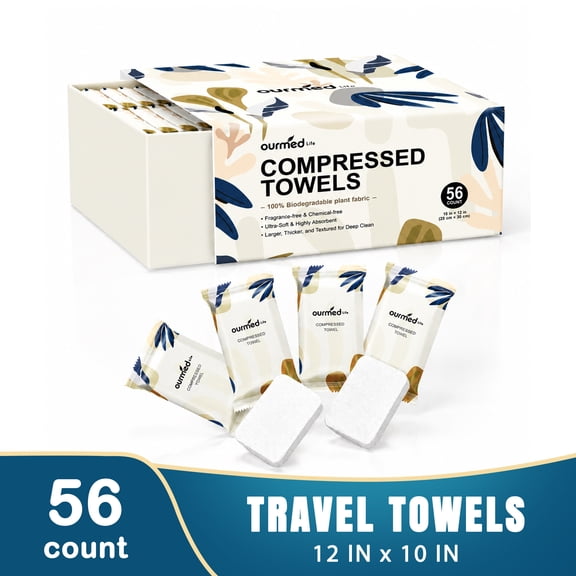 Ourmed Life Travel 56Ct Compressed Face Towels Tablets 10"x12" Expandable Dry Facial Wipes 100% Plant-Based Disposable Washcloths Portable Business Camping Coin Tissue Sensitive