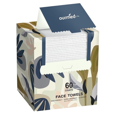 Ourmed Life Disposable Face Towels, 7.9"×10", Lint‑Free, Sensitive‑Skin Safe, 60 Count