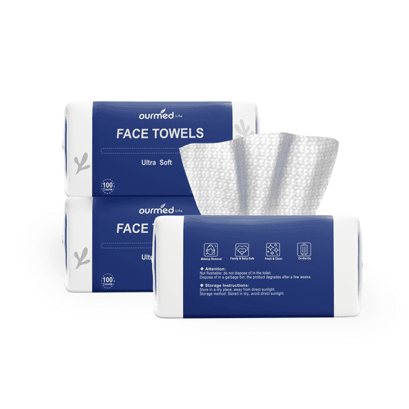 Ourmed Life Disposable Face Towels, Makeup Remover Sensitive Skin Wipes, 7.8" x 7.8", 300 Count