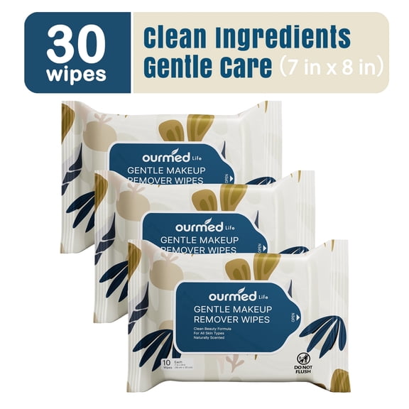 Ourmed Life 30Ct Makeup Remover Wipes 7''x 8''Travel Disposable Face Cleansing Towelettes Camping Plant-Based Wet Wipes Alcohol-Free Senstiveness