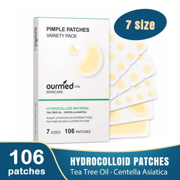 Ourmed Life 106Ct 7 Sizes Pimple Patches Variety Pack Large Hydrocolloid Acne Patches with Tea Tree Oil for Face Body & Acne Clusters