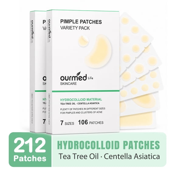 Ourmed Life 212Ct 7 Sizes Pimple Patches Variety Pack Hydrocolloid Acne Patches with Tea Tree Oil for Face Body & Acne Clusters