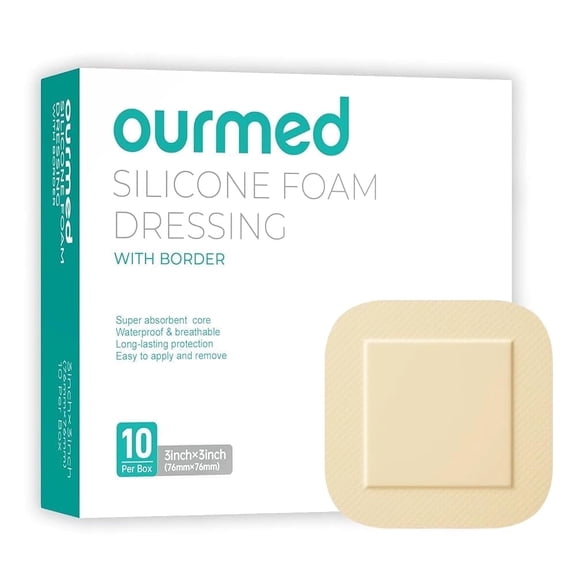 Ourmed Silicone Foam Dressing with Border Large Adhesive Waterproof Bandages, 3"X3", 10 Pieces