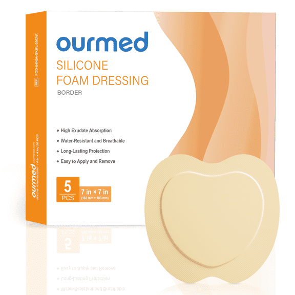 Ourmed Silicone Sacral Foam Dressings 7"x7", Sterile Absorbent Bandage, Wound Care for Bedsores, 5 Packs