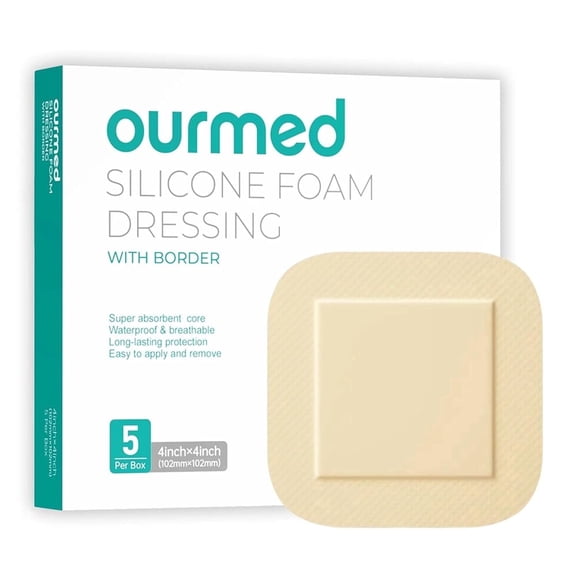 Ourmed Silicone Foam Dressing with Border Large Adhesive Waterproof Bandages, 4"X4", 5 Pieces