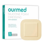 Ourmed Silicone Foam Dressing with Border Large Adhesive Waterproof Bandages, 4"X4", 5 Pieces