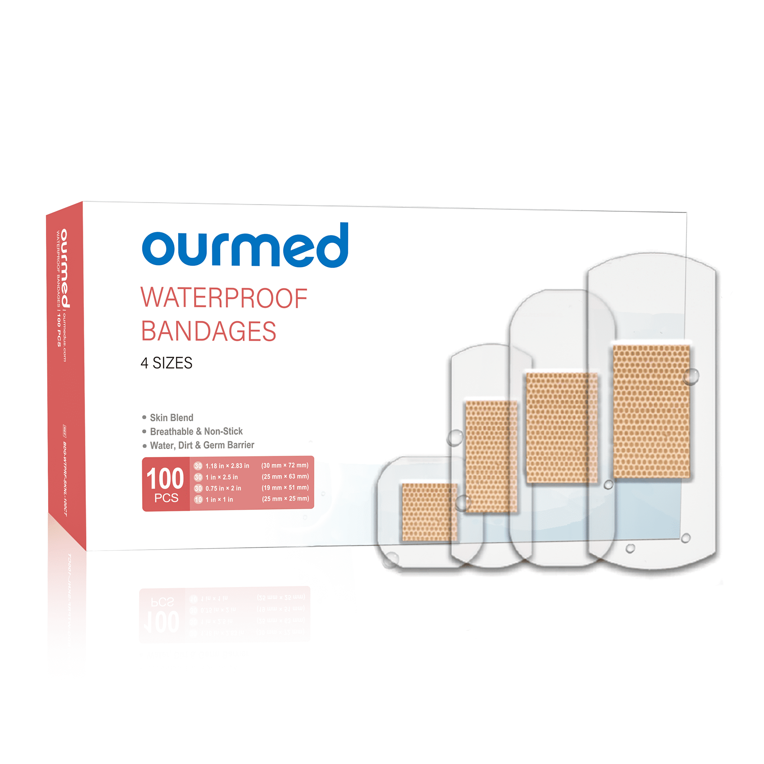 Ourmed Waterproof Adhesive Bandages, Clear First-Aid Wound Care, Assorted Sizes, 100 Counts
