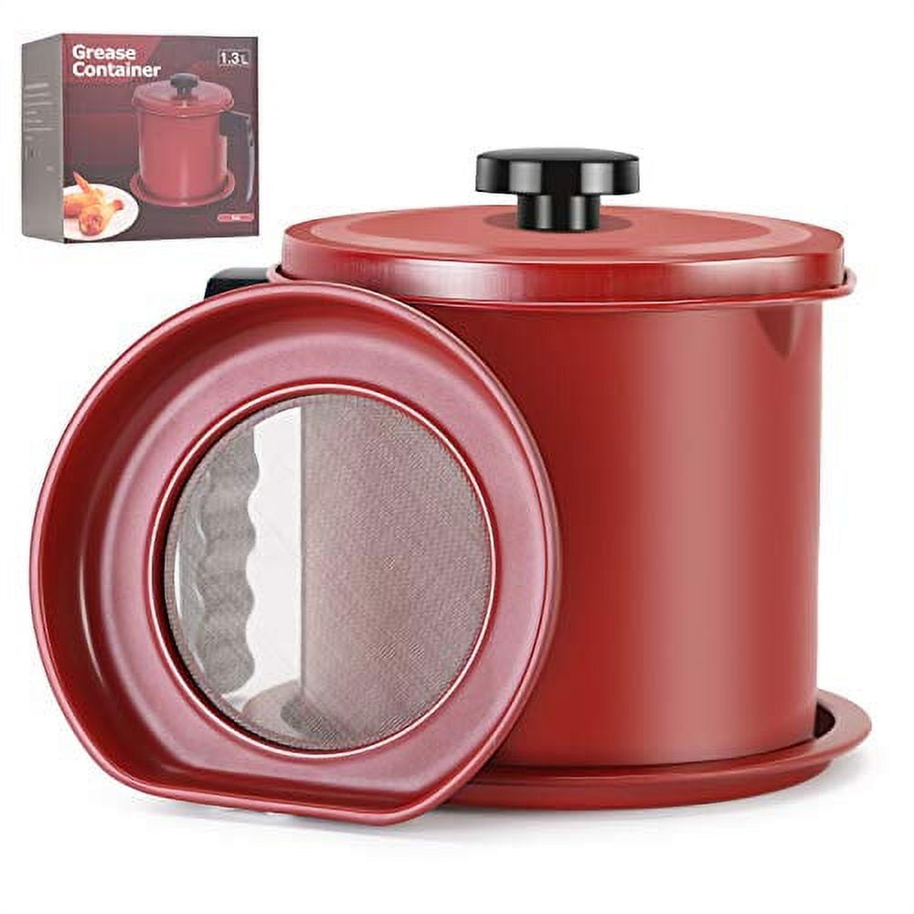 Ourokhome Bacon Grease Container with Strainer- 1.3 L or 5.2 Cup Iron  Kitchen Oil Storage Can with Fine Mesh Strainer for Storing Hot Frying Oil,  Fat, Cooking Oil (Red) 