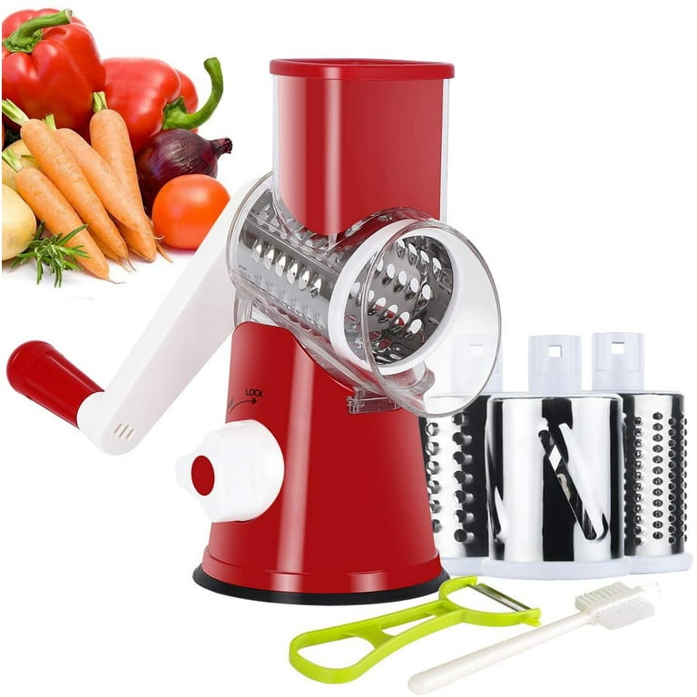 Ourokhome Manual Rotary Cheese Grater - Round Tumbling Box Shredder for  Vegetable, Nuts, Potato with Peeler and Brush (Red)