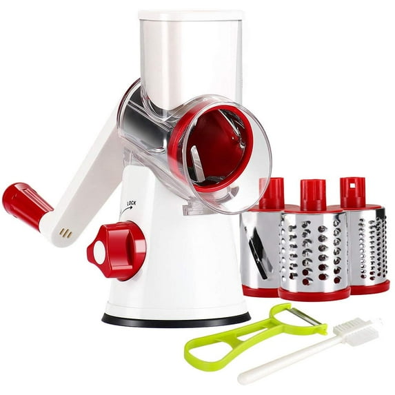 Ourokhome Rotary Cheese Grater Shredder- 3 Drum Bladea Manual Slicer Nut Grinder with Vegetable Peeler and Cleaning Brush (White red)