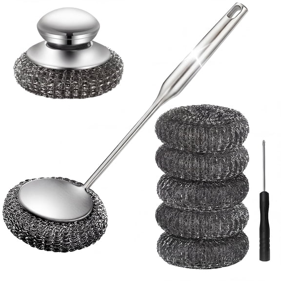 Ourshome Steel Wool Scrubber with Handle, 8-Piece Heavy Duty Stainless Steel Dish Scrubber Set with Long & Short Handles, 5 Replacement Pads for Cast Iron, Pots, Pans, Grill & Sink