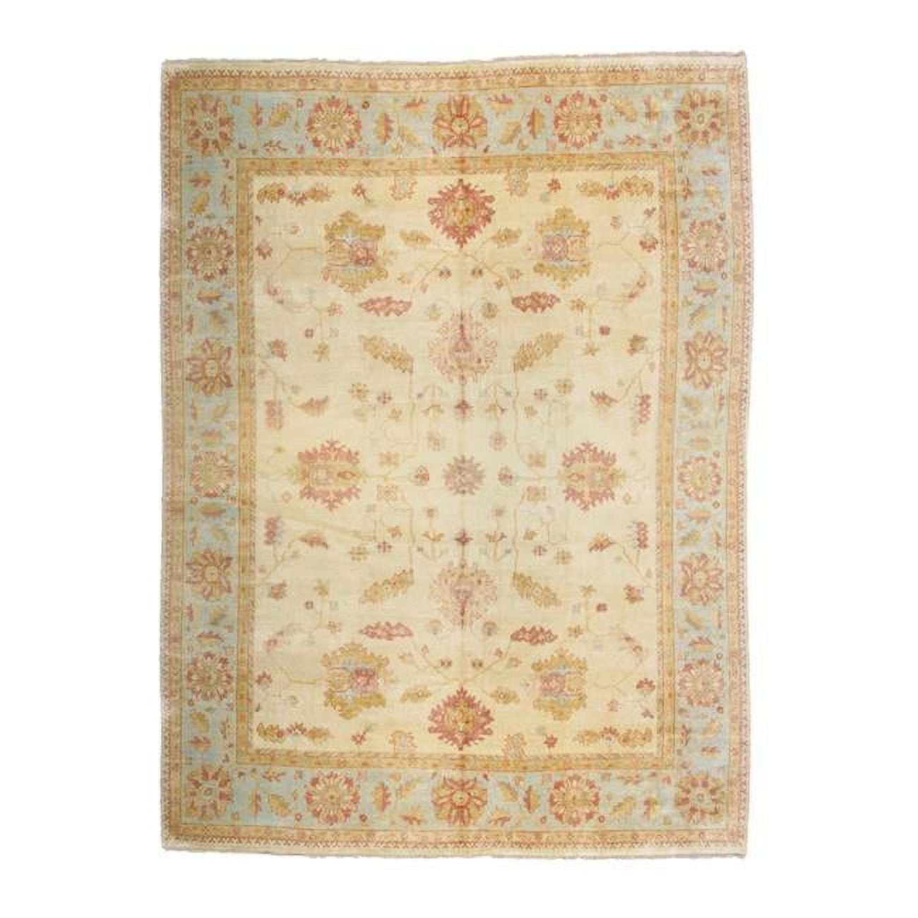 Elegant Ivory and Blue Hand-Knotted Wool Oriental Rug