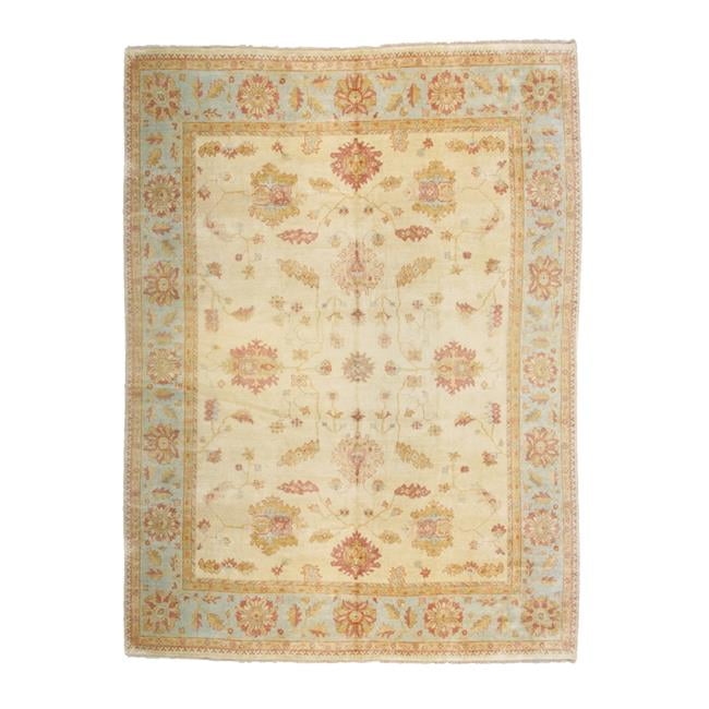 Elegant Ivory and Blue Hand-Knotted Wool Oriental Rug