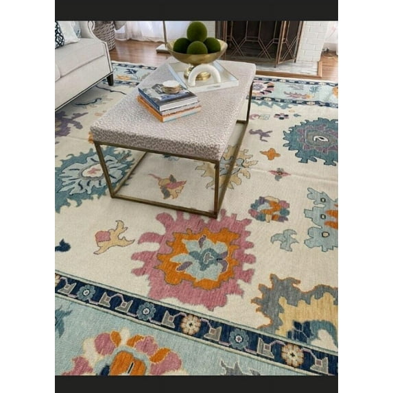 Oushak Rug Colorful Hand Knotted Wool Turkish Blue Handmade Oriental Modern Carpet Pet Friendly Non Slip Rug