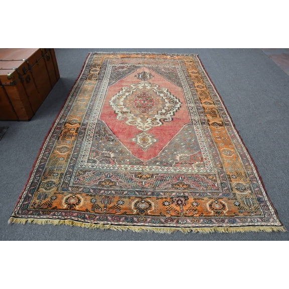 Oushak Rug, Red Floor Rugs, Office Bedroom Rug, Rugs For Salon, 5.8x9.5 ft Large Rugs, Turkish Rug, Vintage Rug, Organic Dining Room Rug