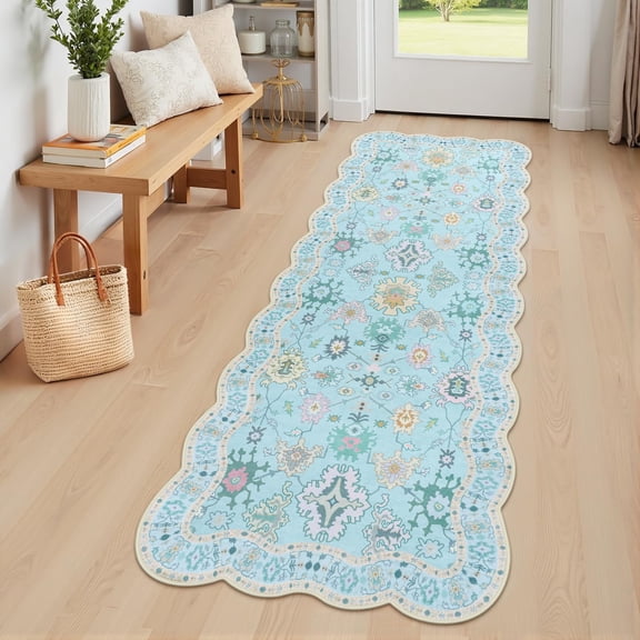 Oushak Scalloped 2x6 Runner Rug Boho Flblue Runners For Hallways 6ft Non Slip Washable Soft Kitchen Retro Floor Bathroom Entryway Bedroom