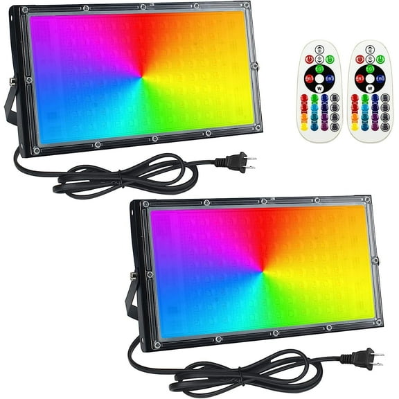 Ouside 2 Pack 100W RGB Flood Light, RGB Color Changing Floodlight, Smart RGB Floodlight with Remote Control, for Stage Lighting, Birthday Parties, Posters, Discos, KTV, Parties, Clubs, Weddings
