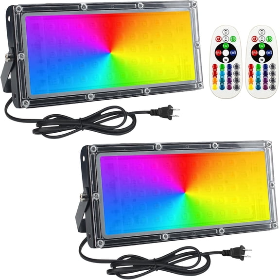 Ouside 2 Pack 50W RGB Flood Light, RGB Color Changing Floodlight, Smart RGB Floodlight with Remote Control, for Parties, Clubs, Weddings, Stage Lighting, Birthday Parties, Posters, Discos, KTV