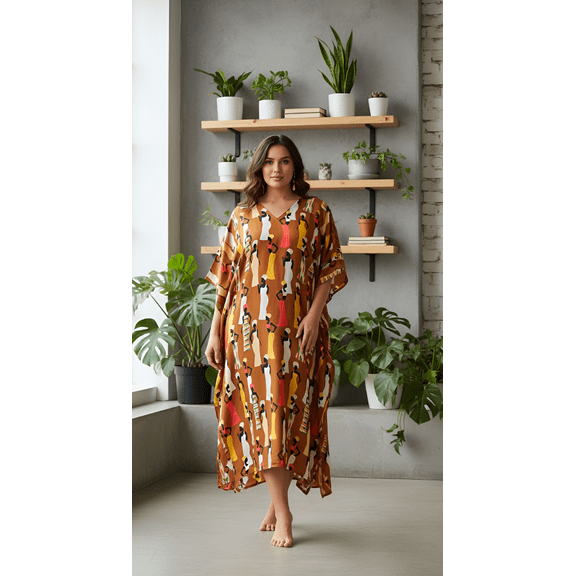 Oussum Brown Tribal Plus Size Polyester Long Kaftan Dresses for Women