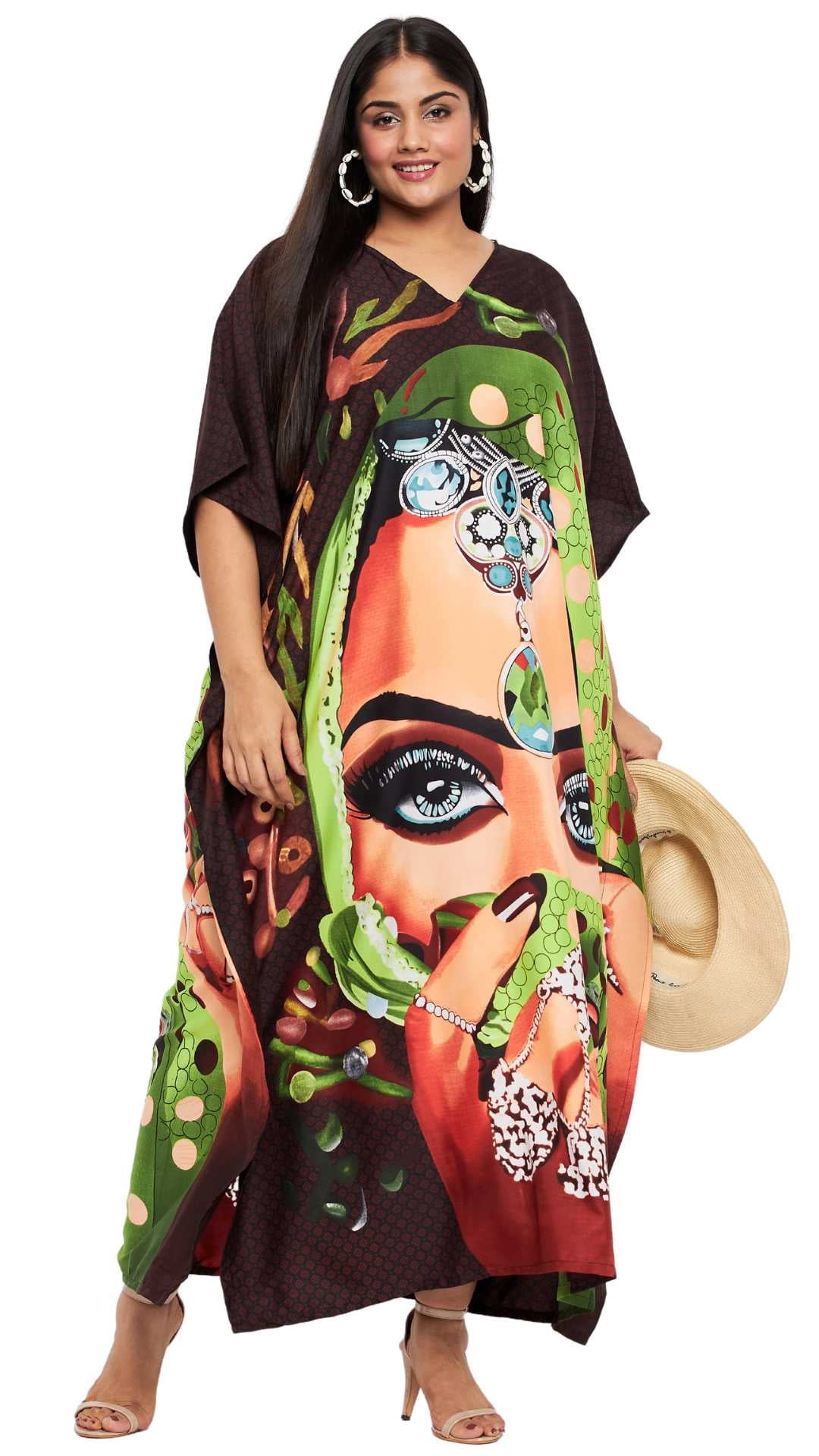 Brown Floral Digital Print Plus Size Polyester Kaftan For Women