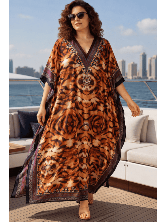 Kaftan Dresses for Women Abstract Print Burnt Orange Maxi Dress, Polyester V-Neck Kimono 3/4 Sleeve Boho Style, One Size 1X–3X