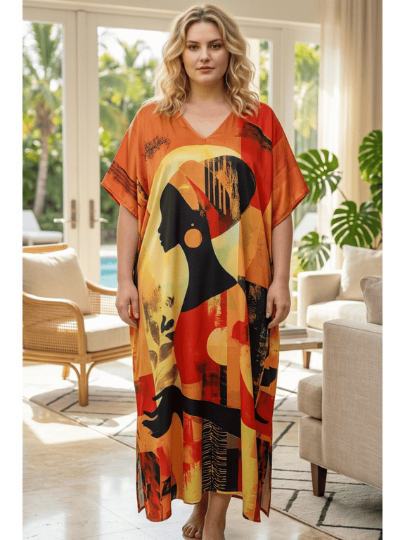 Kaftan Dresses for Women African Golden Yellow Maxi Dress, Polyester V-Neck Kimono 3/4 Sleeve Holiday Outfit, One Size 1X–3X