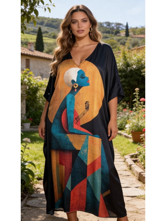 Kaftan Dresses for Women Plus Size Black Lady Print Satin Dress Long Kimono Sleeve House Dress Fits 1X to 3X