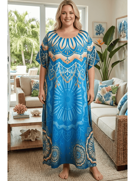 Kaftan Dresses for Women Plus Size Mandala Print Sky Blue Maxi Dress, Polyester V-Neck Kimono 3/4 Sleeve Holiday Outfit, One Size 1X–3X
